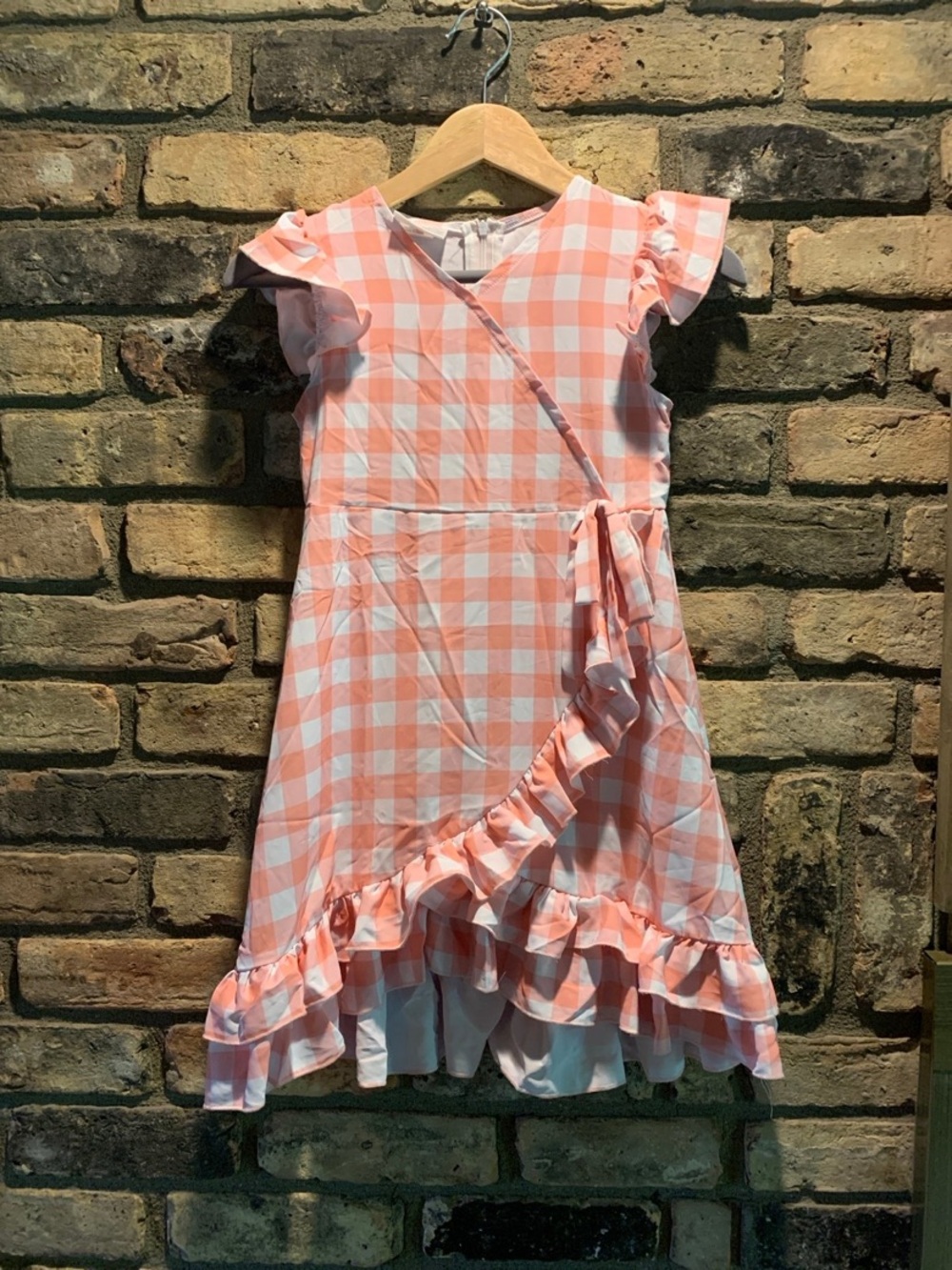 Girls' Pink Gingham Ruffle Wrap Dress